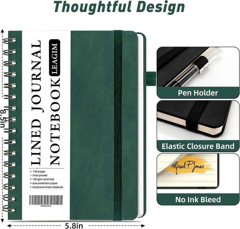 LEAGIM Lined Spiral Journal Notebook for Women & Men, College Ruled Hardcover Notebook for Work & Note Taking, Journals for Writing, 100 GSM, Business, School, 140 Pages, A5(5.8"x8.5") - Dark Green - Image 3